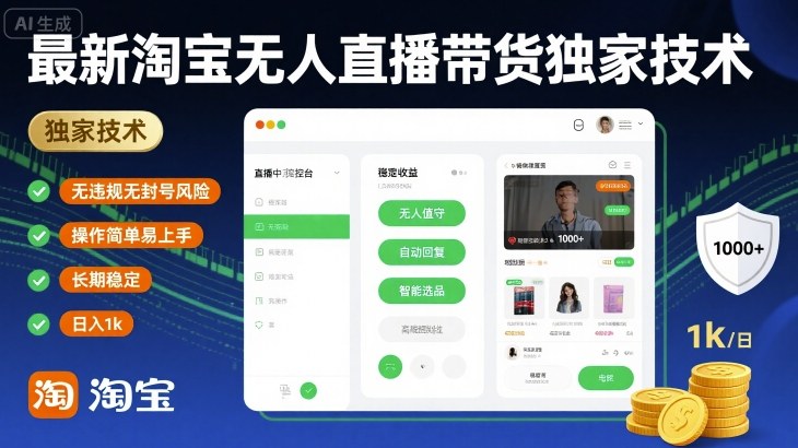 最新淘宝无人直播带货独家技术，无违规无封号风险，操作简单易上手，长期稳定日入1k【揭秘】-优优云网创