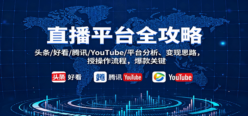 直播平台全攻略：头条/好看/腾讯/YouTube/平台分析、变现思路，授操作流程，爆款关键-优优云网创
