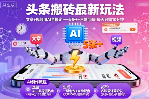 头条搬砖最新玩法，文章+视频用AI全搞定，一天5张+不是问题，每天只需10分钟-优优云网创