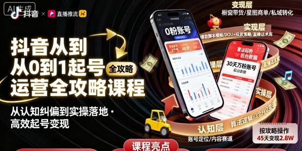 抖音从0到1起号运营全攻略课程，从认知纠偏到实操落地，高效起号变现-优优云网创