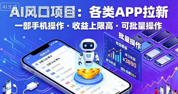 AI风口项目，各类APP拉新，一部手机就可以操作，收益上限高，可批量操作-优优云网创