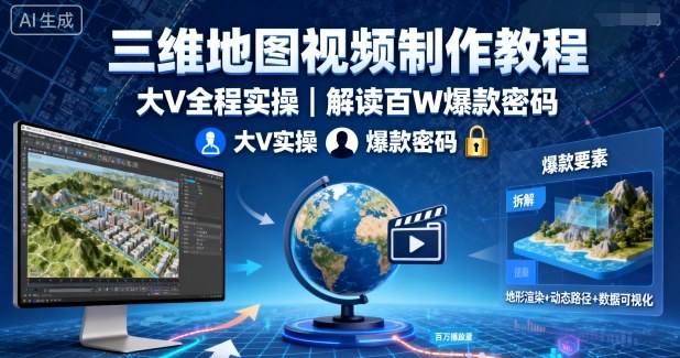 三维地图视频制作教程，大V全程实操，解读百W爆款密码-优优云网创
