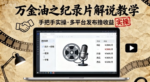 万金油之纪录片解说教学，手把手教你，完全实操，多平台发布撸收益-优优云网创