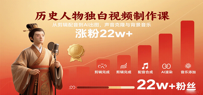 历史人物独白视频制作课，从剪辑配音到AI出图，声音克隆与背景音乐，涨粉22w+-优优云网创