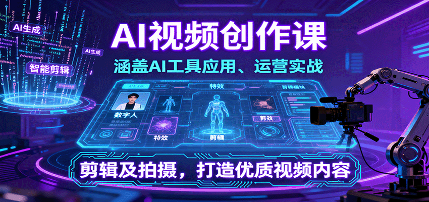 AI视频创作课，涵盖AI工具应用、运营实战、剪辑及拍摄，打造优质视频内容-优优云网创
