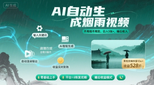 不用拍不用剪！AI自动生成烟雨视频，日入5张+，睡后收入-优优云网创