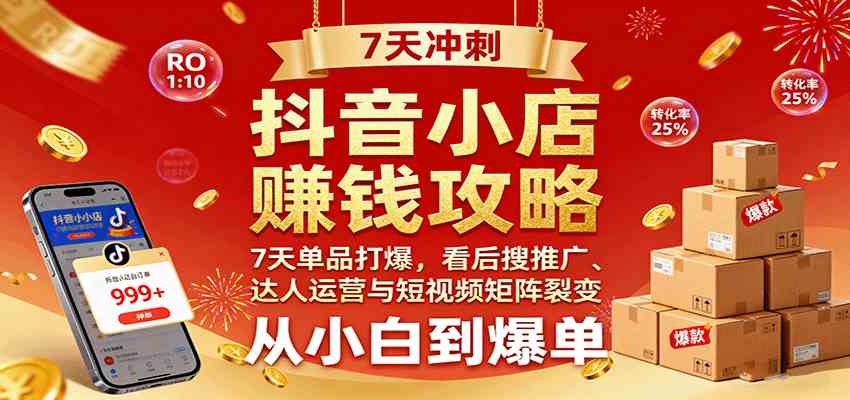 抖音小店赚钱攻略：7天单品打爆技巧，看后搜推广、达人运营与短视频矩阵裂变实战-优优云网创