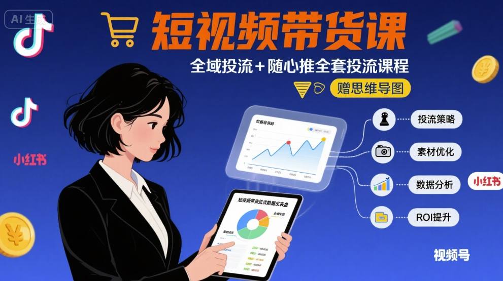 最新短视频带货课，全域投流+随心推全套投流课程+思维导图-优优云网创