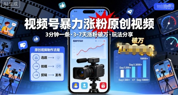 视频号暴力涨粉原创视频，3分钟一条原创视频，3-7天涨粉破万，玩法分享给你-优优云网创