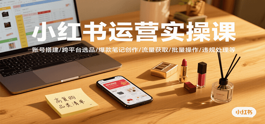 小红书运营实操课，账号搭建/跨平台选品/爆款笔记创作/流量获取/批量操作/违规处理等-优优云网创