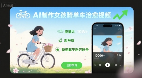 AI制作女孩骑单车治愈视频，流量大，起号快，快速起千粉万粉号-优优云网创