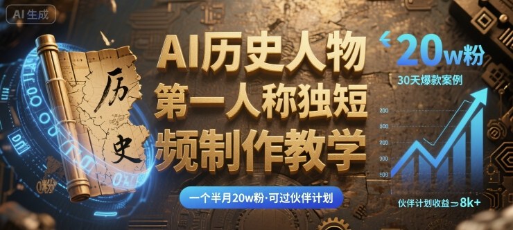 最新AI历史人物第一人称独白短视频制作教学，一个半月20w粉，可过伙伴计划-优优云网创